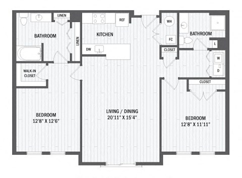 Floor plan for 2 beds, 2 baths, 1086 sqft